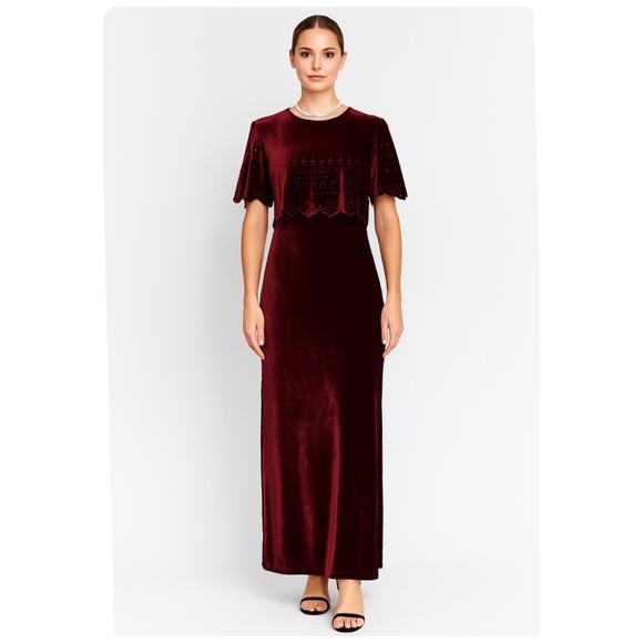 Vintage 90s Burgundy Velvet Column Gown Scallop Eyelet Overlay Maxi Dress Sz 14 - Picture 1 of 13